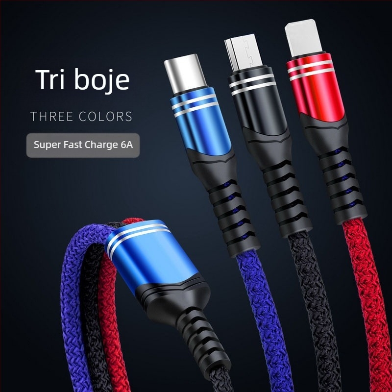 Pleteni kabel za brzo punjenje 6A s tri izlaza, 3-u-1 za Android, Type-C i Apple PD
