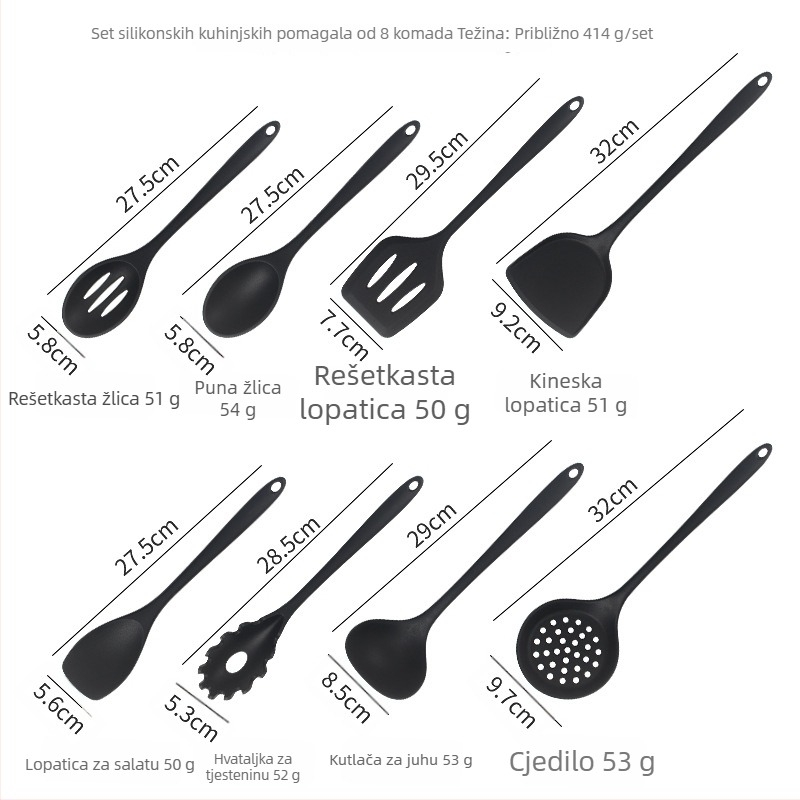 Silikonska špatula za nepremazane posude – 8-dijelni set kuhinjskih alata: špatula, cjediljasta žlica, ploska špatula i miješajuća žlica