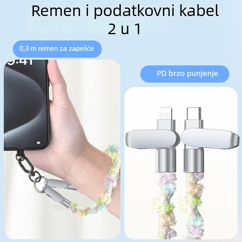 Kabel za telefon s pletenim uzorkom, narukvica na zapešću, PD brzo punjenje, USB-C/Lightning