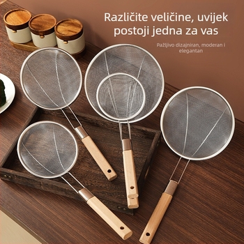 Kuhinjska žlica od nehrđajućeg čelika s drvenom drškom, mrežasta cjediljka za filtriranje, pogodna za vruće lonce, prženje i rezance