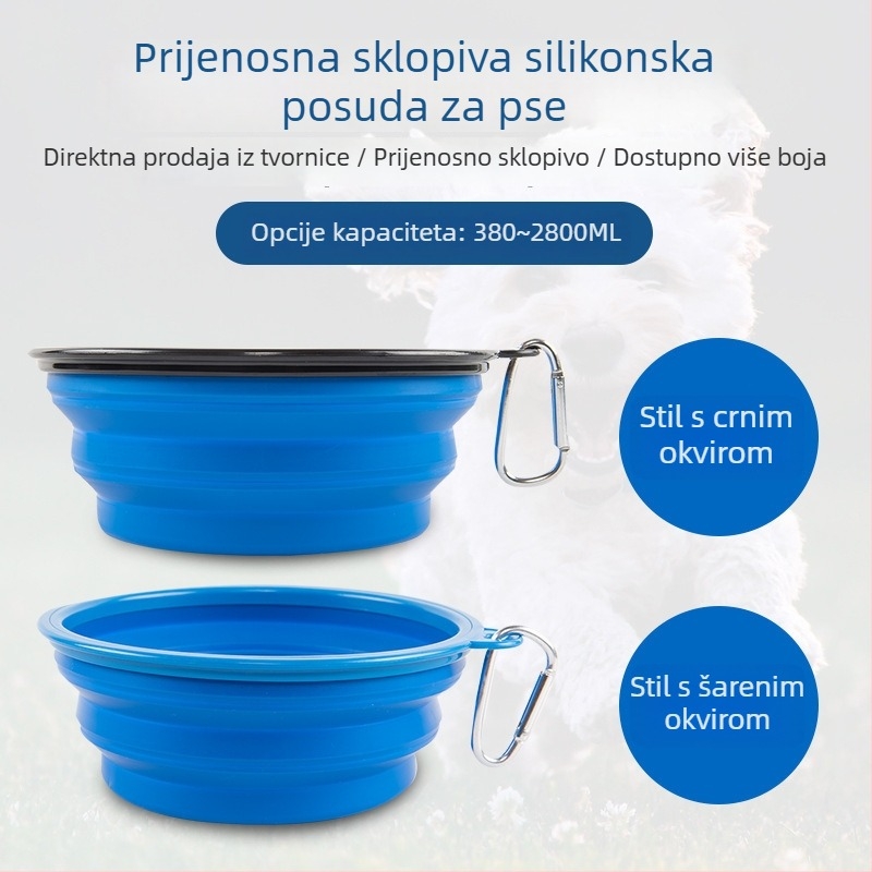 Sklopiva posuda za pse s crnim okvirom i privjeskom za ključeve, prijenosna za putovanja