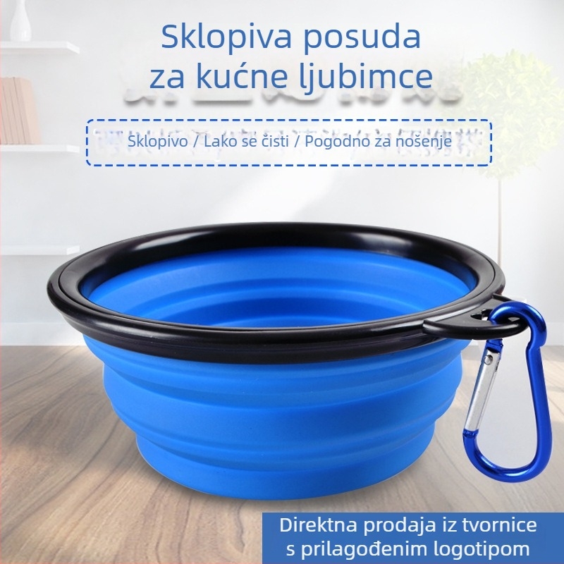 Sklopiva posuda za pse s crnim okvirom i privjeskom za ključeve, prijenosna za putovanja