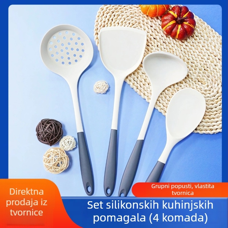 Xin'an silikonni set kuhinjskih alata: silikon visoke kvalitete, otporan na visoke temperature, dvotonska sivo-bijela, sve-u-jednom setu: spatula, jušna žlica i mrežasta žlica.