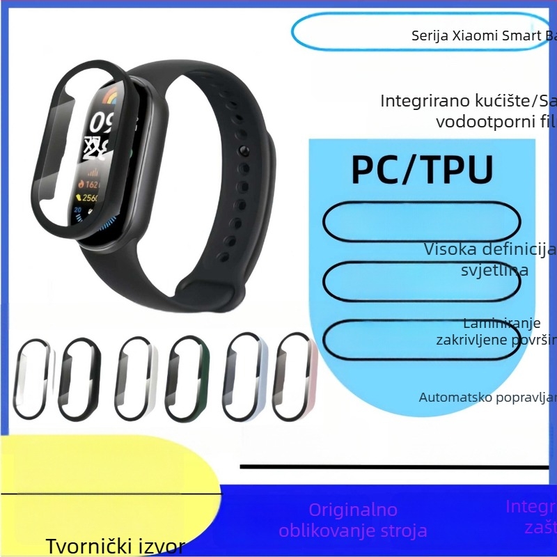 Integrirano zaštitno kućište s prednjom zaštitom zaslona za Xiaomi Mi Band 8/9, otporno na otiske prstiju, cijeli zaslon, PC + staklo