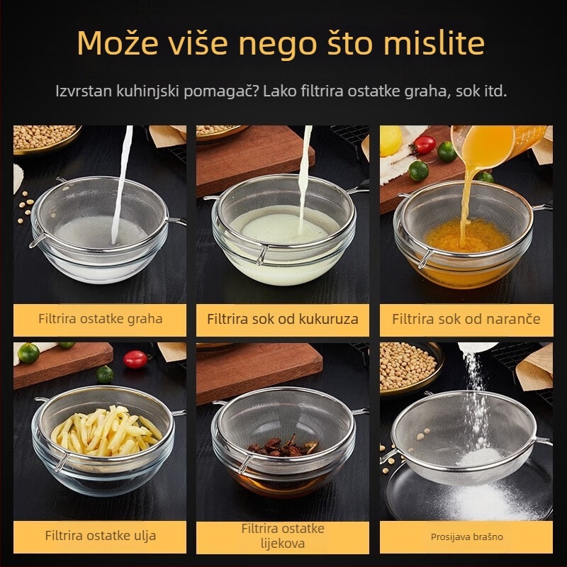 Nehrđajući čelični sito s finom mrežom za kućnu upotrebu, filtriranje sokova, ultra-fino filtriranje sojinog mlijeka, odjeljivač taloga i žlica za uklanjanje taloga