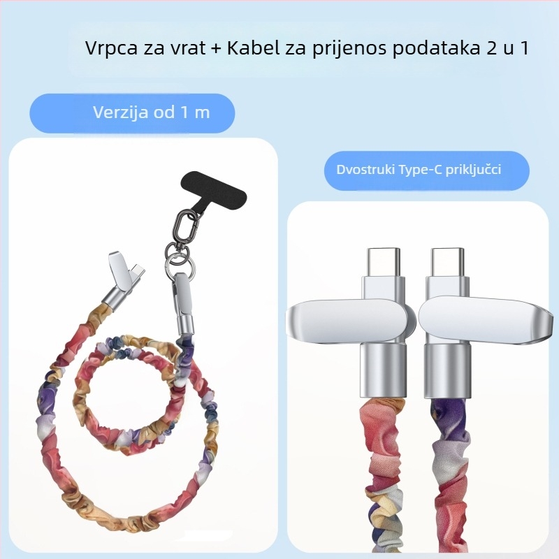 Pleteni USB-C kabel za podatke s privjeskom za telefon, 2-u-1 brzo punjenje, 60W, duljina 1-2 m