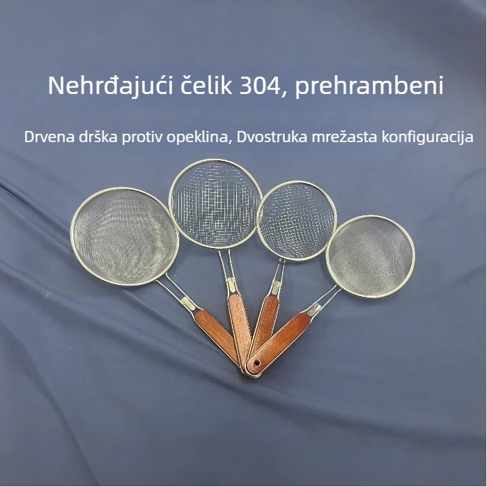 Skimmer od nehrđajućeg čelika 304 s drvenom drškom i kukom za kačenje, kuhinjski alat za prženje, ocjeđivanje ulja, rezanci i sago