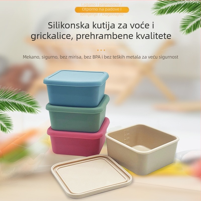 Kutija za ručak od silikona za hranu s četiri odjeljka, prikladna za mikrovalnu i hladnjak, otporna na curenje