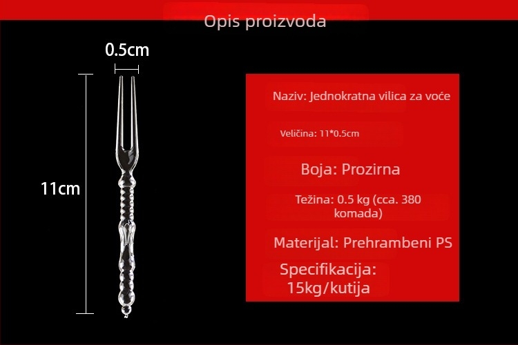 Jednokratna prozirna plastična vilica za voće, PS materijal, s dva zuba