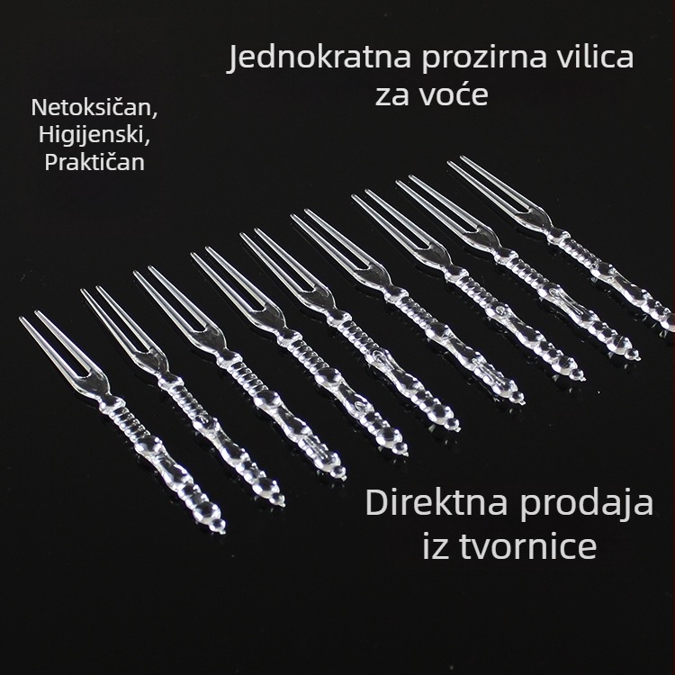 Jednokratna prozirna plastična vilica za voće, PS materijal, s dva zuba