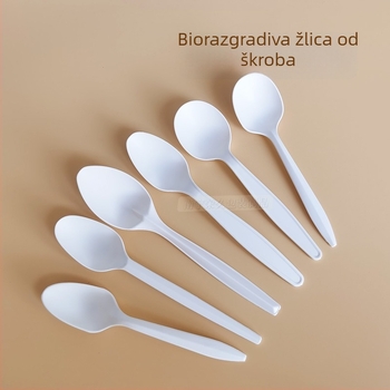 Debljani bijeli jednokratni pribor (nož, vilica, žlica) od kukuruznog škroba; biološki razgradivo.