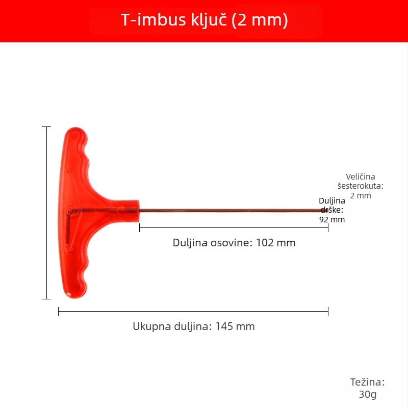 T-oblik Allen ključ od S2 čelika, visoka tvrdoća, s ručkom, unutarnji šesterokut i ploska glava odvijača