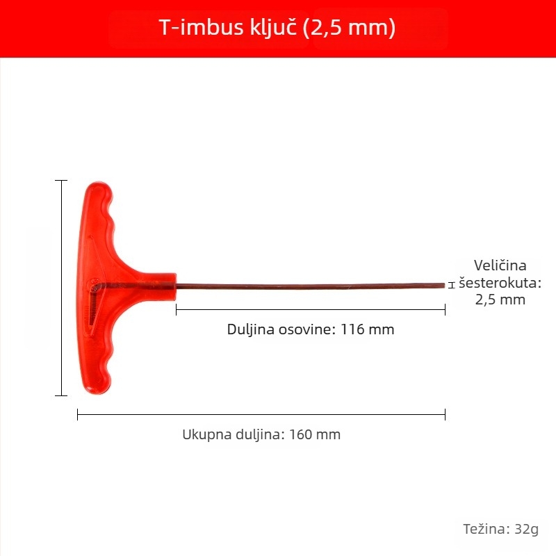 T-oblik Allen ključ od S2 čelika, visoka tvrdoća, s ručkom, unutarnji šesterokut i ploska glava odvijača