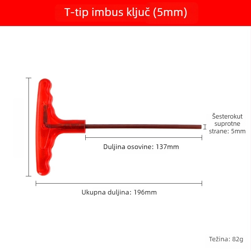 T-oblik Allen ključ od S2 čelika, visoka tvrdoća, s ručkom, unutarnji šesterokut i ploska glava odvijača