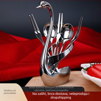 Set posuđa od cinkove legure s ukrasnim držačem u obliku labuda, uključuje vilice za voće, desertnu žlicu, tortnu žlicu i voćne štapiće