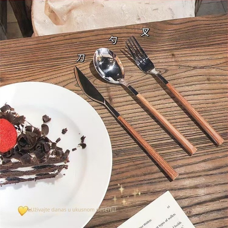 Set pribora za steak od nehrđajućeg čelika 410 – nož, vilica i desertna žlica, dugačak držač, francuski stil