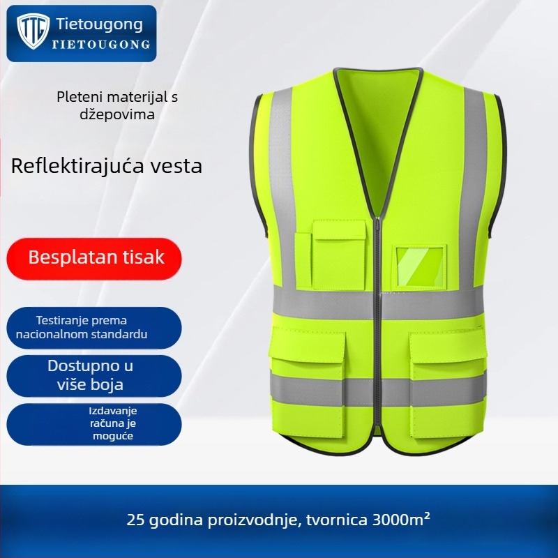 Reflektirajuća sigurnosna vest s više džepova, od pletenog materijala, visoka vidljivost za zaštitare i gradilišta, prozračna ljetna radna odjeća