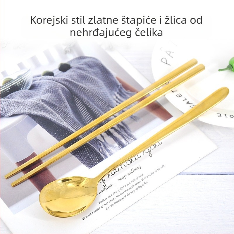 Korejskog stila set pribora od nehrđajućeg čelika s titan zlatnim premazom – štapići i žlica