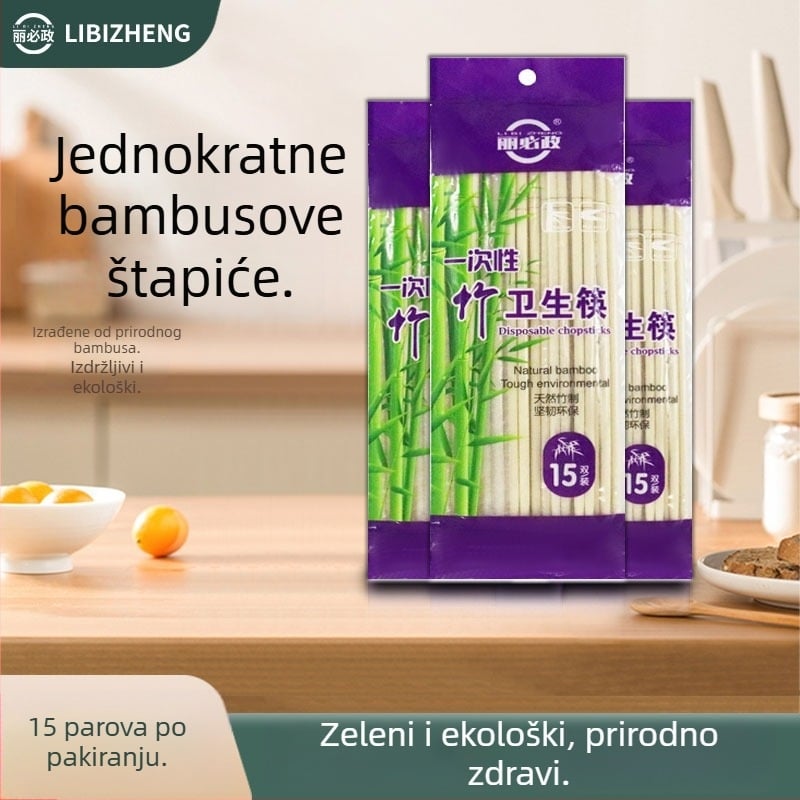 Jednokratne bambus štapići za jelo, 15 parova, pojedinačno pakirani, za dostavu i restorane