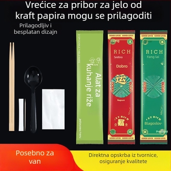 Jednokratni set pribora: štapići za jelo, žlica, vilica i nož s prilagođenim logotipom