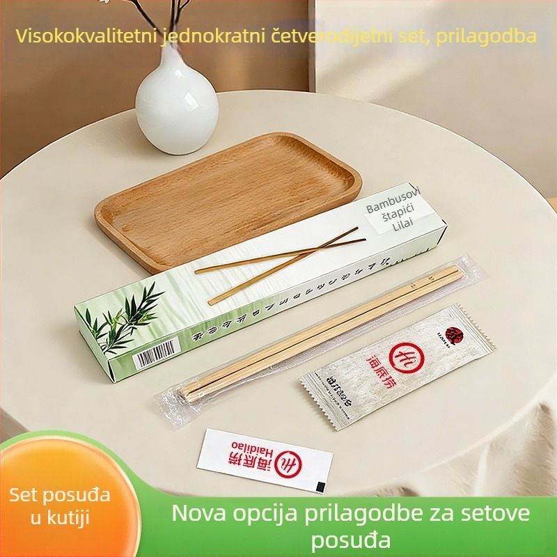 Kutija s luksuznim priborom: biološki razgradivi jednokratni štapići, žlica, vilica i nož, četiri komada u pakiranju