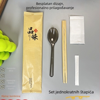 Jednokratni četverodijelni set pribora za ponijeti: žlica, štapići za jelo, zubna čačkalica i papirnata salveta