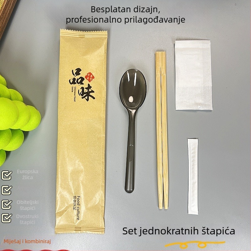 Jednokratni četverodijelni set pribora za ponijeti: žlica, štapići za jelo, zubna čačkalica i papirnata salveta