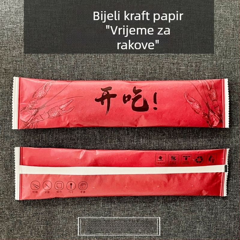 Jednokratni petodijelni set pribora: rukavice za štapiće, žlica, čačkalica, papirnati ubrus i torbica za pribor