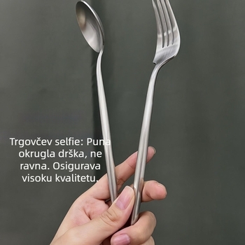 Set žlica i vilica od nehrđajućeg čelika s dugim držačem, vrhunska kvaliteta, zapadni stil blagovanja, srebrna boja