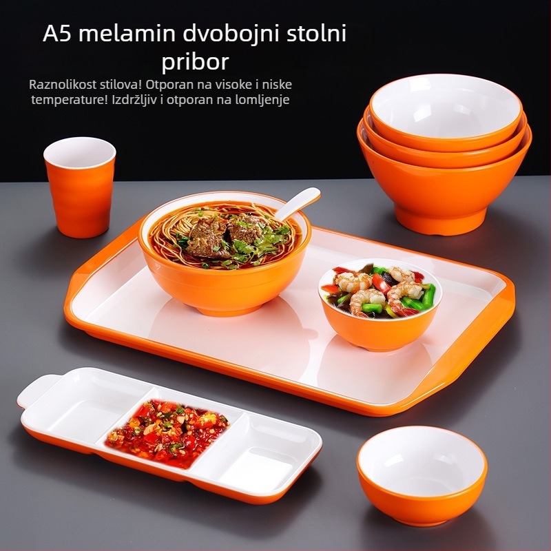 Melamin posuda s imitacijom porculana za školsku blagovaonu i brzu hranu, zdjele za rižu i ramen, dvobojni narančasto-bijeli pladanj, prilagođena posuđa