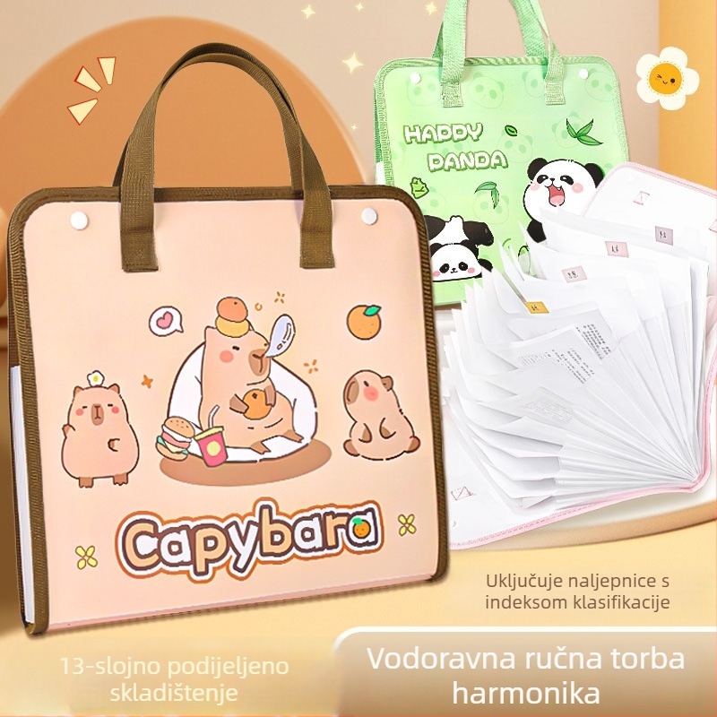Capybara prijenosni A4 harmonika fascikl za djecu, crtani dizajn, velika kapaciteta, 13 pretinaca za pohranu radova i papira