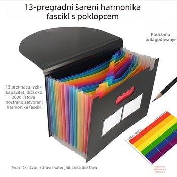 A4 plastični organizator s 13 pretinaca, zatvaranje sa tri strane, preklopni poklopac i vrpica