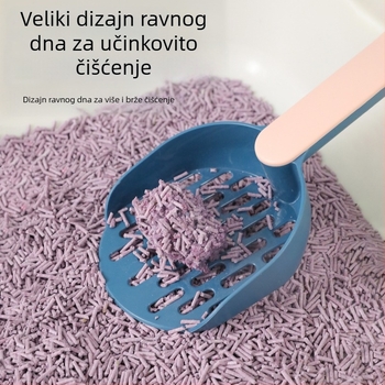 Velika lopatica za mačji pijesak s ravnim dnom u boji blokova i produženim držalom, od ABS plastike