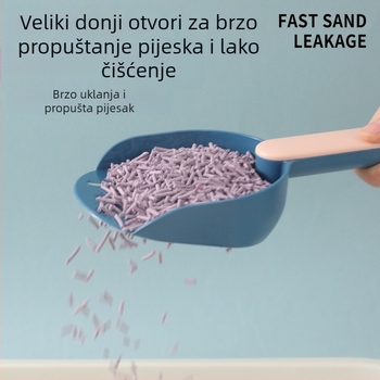 Velika lopatica za mačji pijesak s ravnim dnom u boji blokova i produženim držalom, od ABS plastike