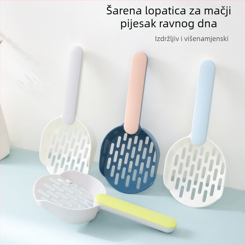 Velika lopatica za mačji pijesak s ravnim dnom u boji blokova i produženim držalom, od ABS plastike