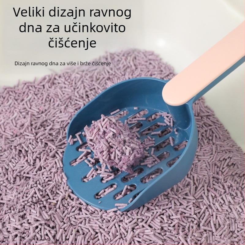 Velika lopatica za mačji pijesak s ravnim dnom u boji blokova i produženim držalom, od ABS plastike