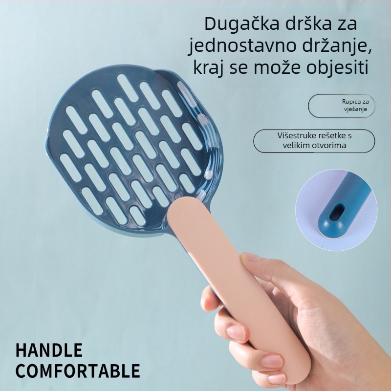 Velika lopatica za mačji pijesak s ravnim dnom u boji blokova i produženim držalom, od ABS plastike