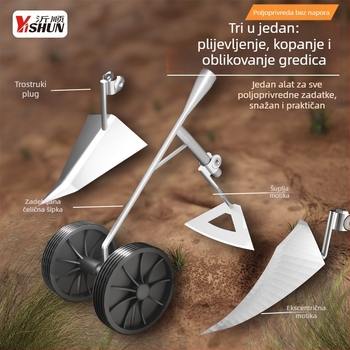 Novi model tri-u-jedan — višenamjenski dvotočak alat s pogonom za uklanjanje korova i prozračivanje tla, kopanje jaraka, čišćenje terena i trokutasti plug