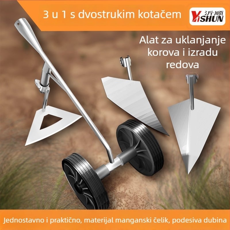 Novi model tri-u-jedan — višenamjenski dvotočak alat s pogonom za uklanjanje korova i prozračivanje tla, kopanje jaraka, čišćenje terena i trokutasti plug