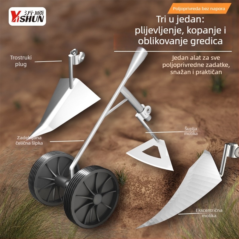 Novi model tri-u-jedan — višenamjenski dvotočak alat s pogonom za uklanjanje korova i prozračivanje tla, kopanje jaraka, čišćenje terena i trokutasti plug