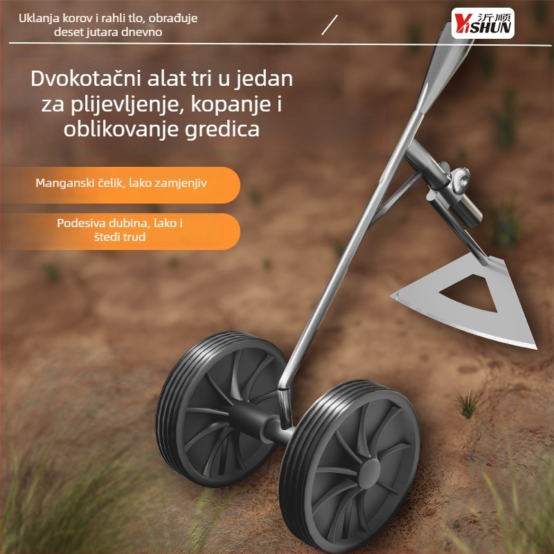 Novi model tri-u-jedan — višenamjenski dvotočak alat s pogonom za uklanjanje korova i prozračivanje tla, kopanje jaraka, čišćenje terena i trokutasti plug