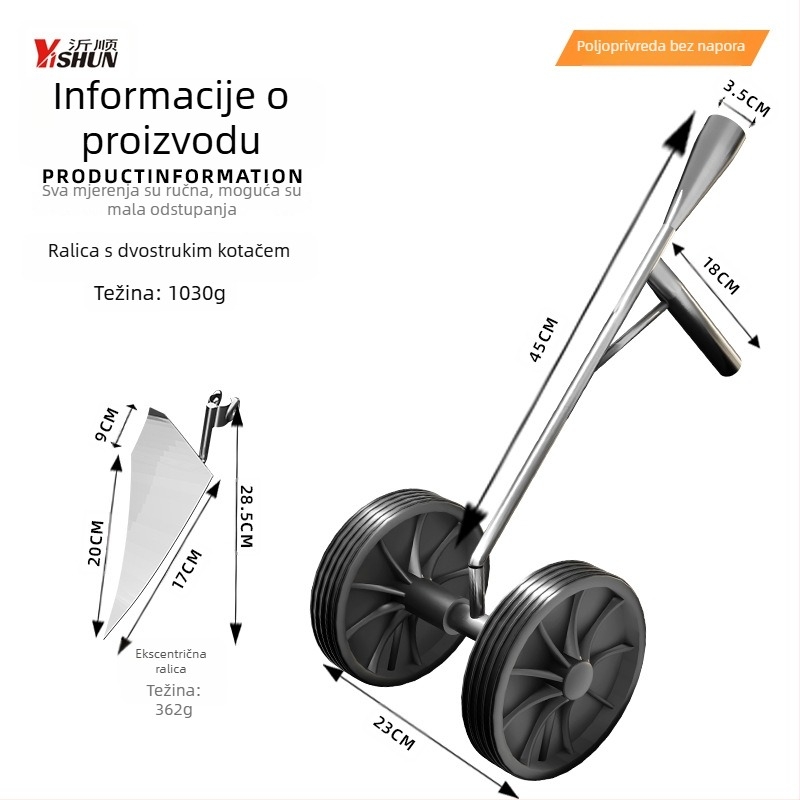 Novi model tri-u-jedan — višenamjenski dvotočak alat s pogonom za uklanjanje korova i prozračivanje tla, kopanje jaraka, čišćenje terena i trokutasti plug