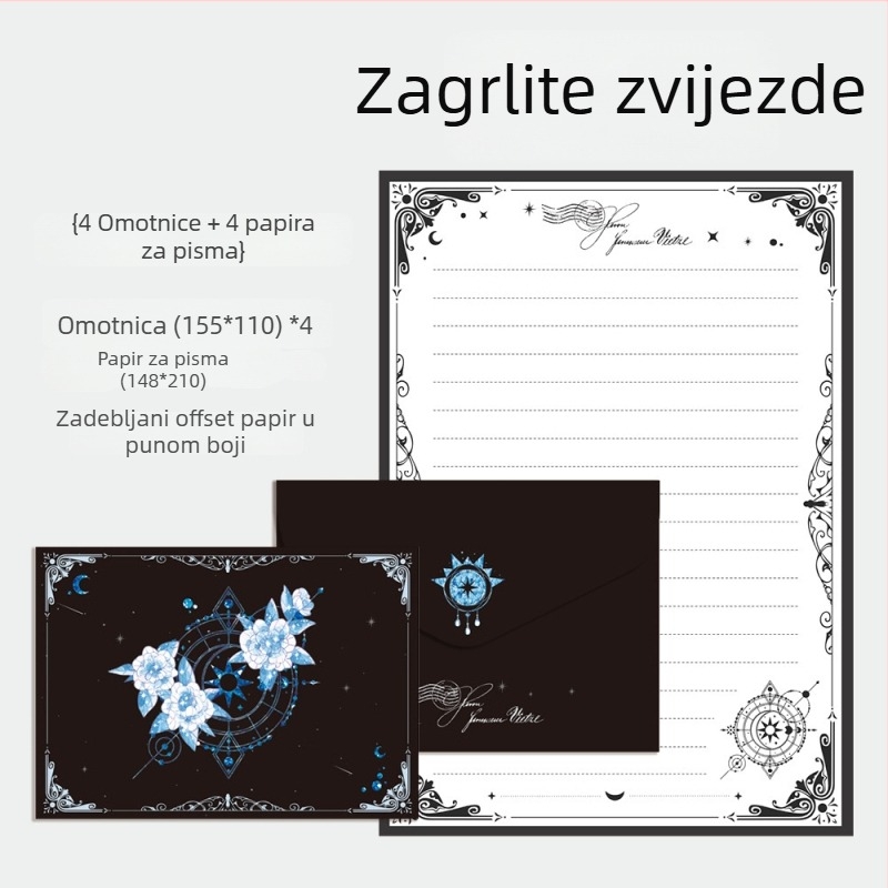 Set koverti i pisama s kineskim stilom, 4 koverti i 4 lista papira, papir s dvostrukim offsetom, bez logotipa