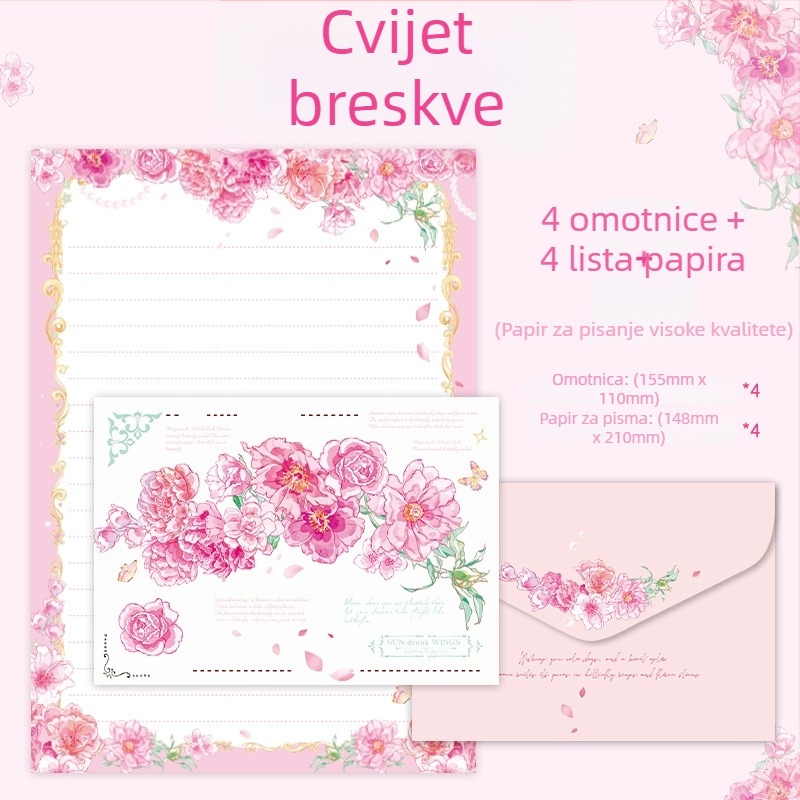 Set kuverti i papira za pisanje – 4 kuverte i 4 lista, offset papir, rukopisni stil