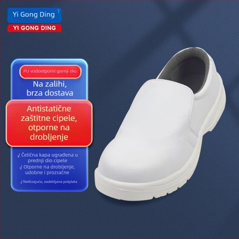 Yigongding antistatične sigurnosne cipele s PU mekanom potplatom, Slip-On, bijele, zaštita prstiju