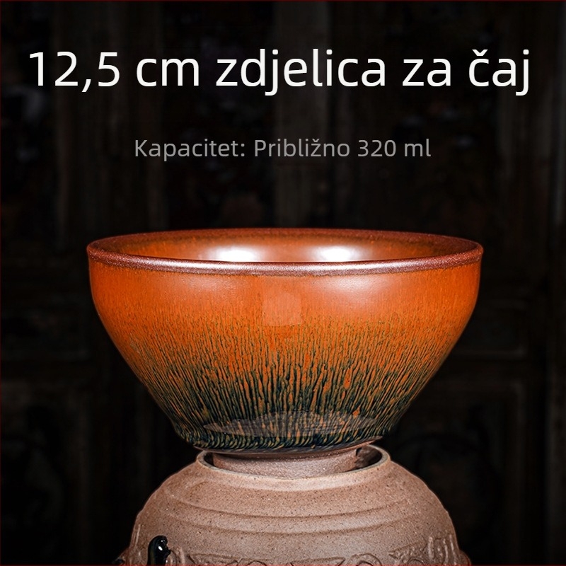 Kompletan set alata za ceremoniju čaja matcha, 12,5 cm, dlaka zeca, crno-zlata glazura, stil dinastije Song, velika veličina