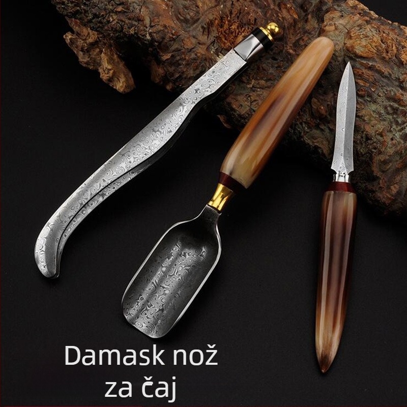 Ručni damascenski čajni nož trodijelni set s čajnom iglom, otvaračem, odvijačem, žlicom, klipsom, pincetom i čajnom žličicom
