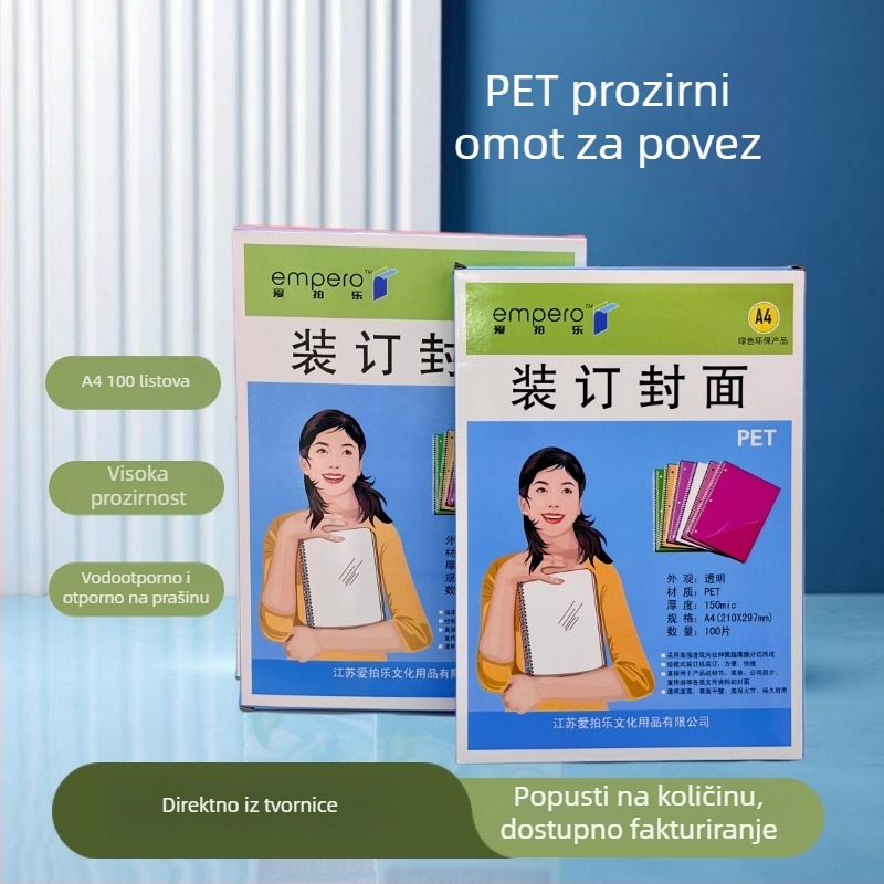 Prozirni PET pokrov za uvez A4 — 100 listova, za menije i dokumente, kompatibilan s bušenjem rupa, pakiran u šarenoj kutiji.