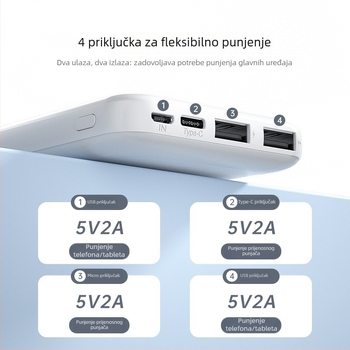 ZUZG3c certificirana vanjska baterija 10000mAh, više izlaza, 10W sporo punjenje, tanko i lagano