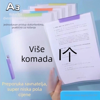 Dvostruki klip za dokumente A3/A4, proziran, šaren boja, školski organizator za dokumente s bočnim otvaranjem i rotirajućim klipom